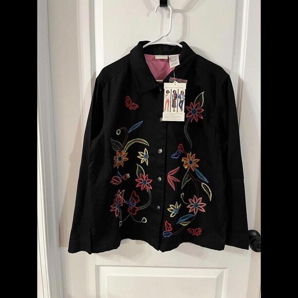 White Stag Jackets & Blazers - White Stag Embroidered Jacket Black Denim Long Sleeve Button Large Floral Retro